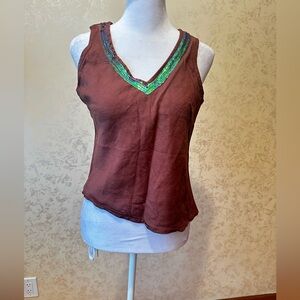 Brown Sleeveless Top with Green Accents